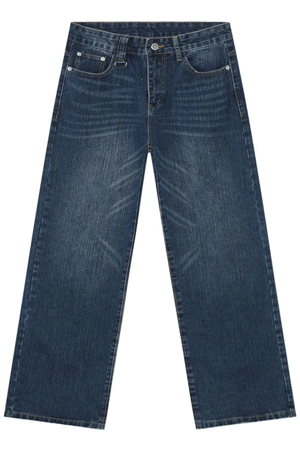 Dark wash denim jeans with statement pockets and a relaxed fit.