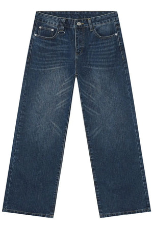 Dark wash denim jeans with statement pockets and a relaxed fit.