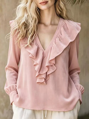 Full Size Ruffled V-neck Long Sleeve Blouse in Gold
