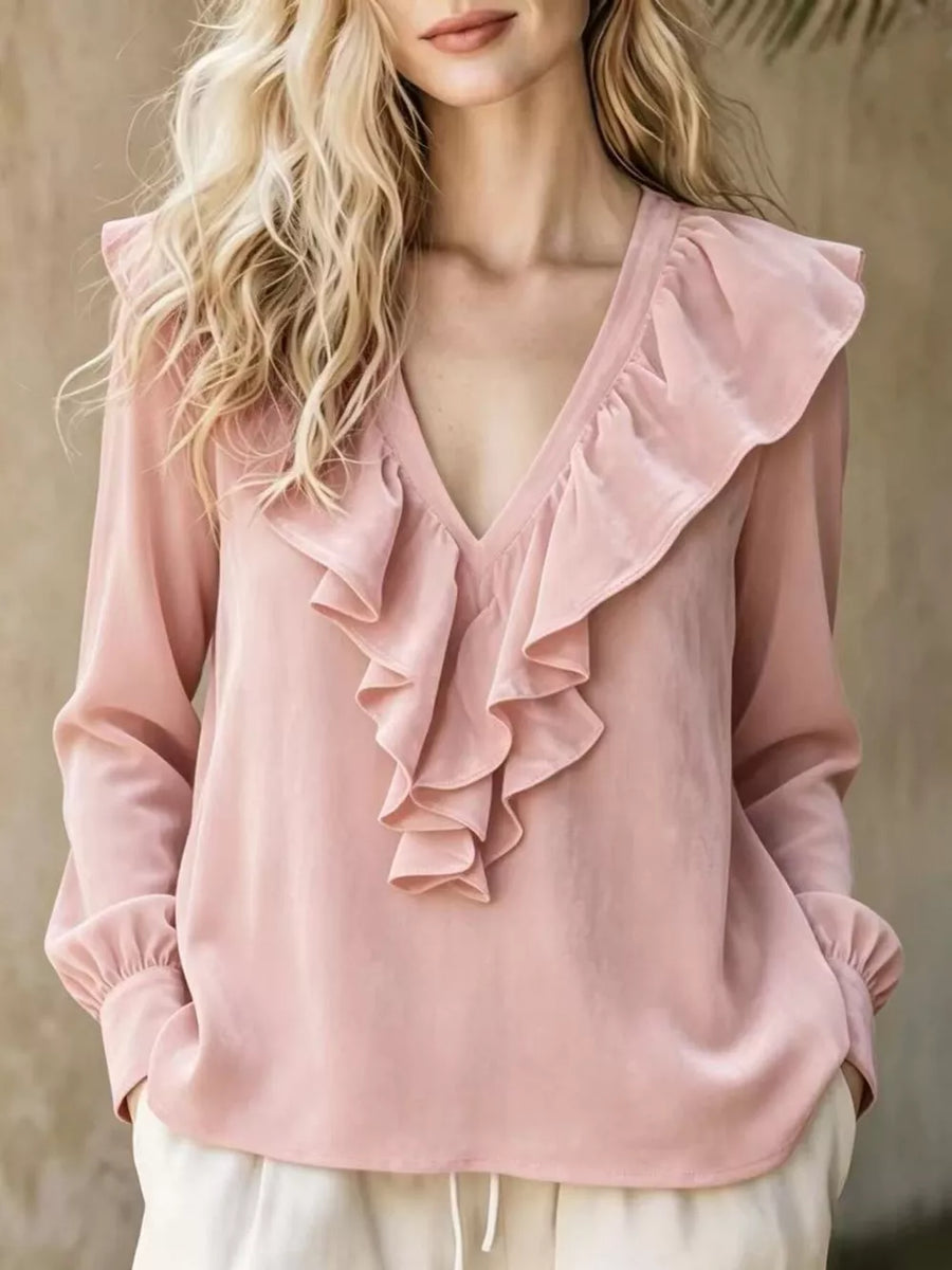Full Size Ruffled V-neck Long Sleeve Blouse in Gold
