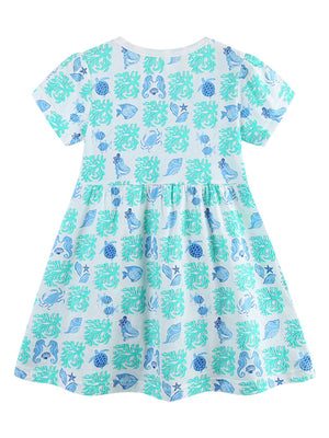 Cotton toddler dress with allover ocean print, featuring fish, shells, and sea creatures.