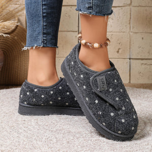 dark brown slippers featuring round toe and polka dot