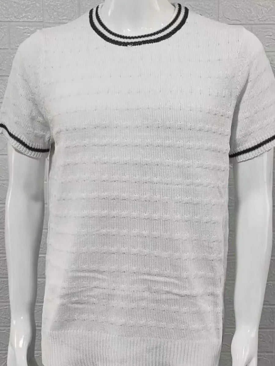 White textured knit t-shirt with black striped neckline and sleeves