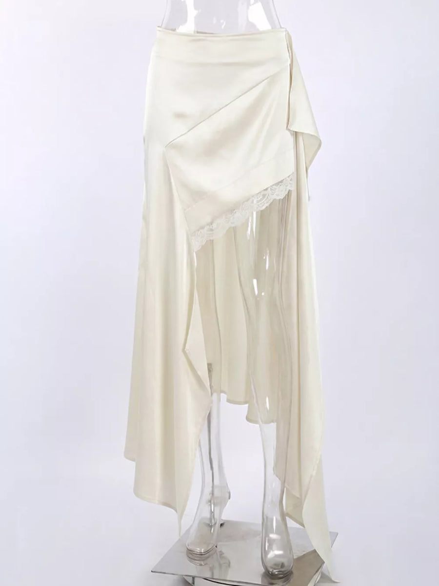 Satin High-low Lace Trim Skirt in ivory with lace detail