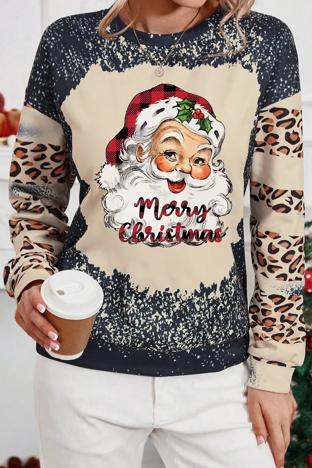 Black leopard print Santa graphic sweatshirt with Merry Christmas text.