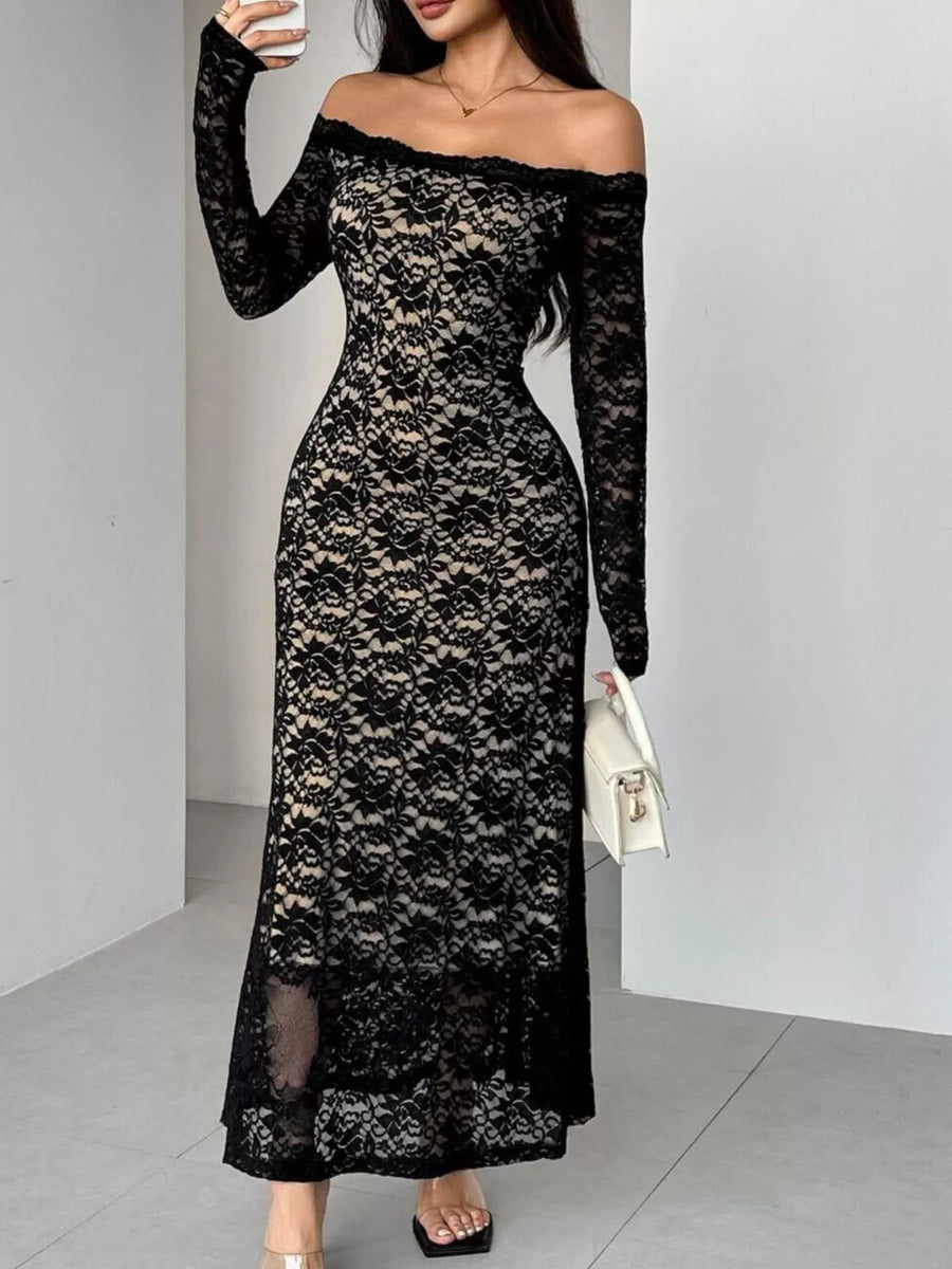 Black off-shoulder lace dress with long sleeves and a fitted silhouette.