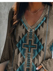Grey long sleeve v-neck t-shirt with geometric pattern and cross detail