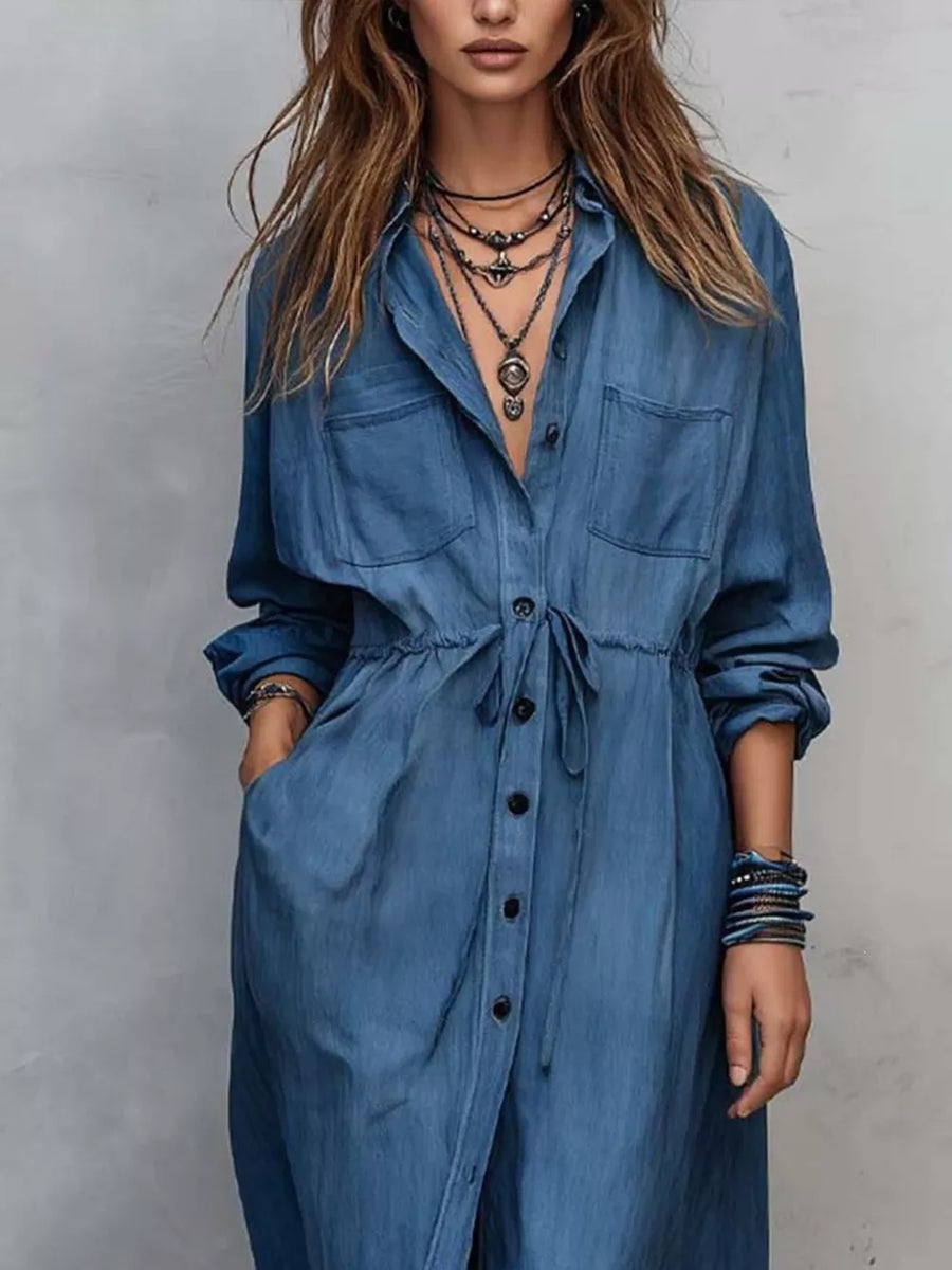 Navy Full Size Button Front Long Sleeve Shirt Dress Plus Size