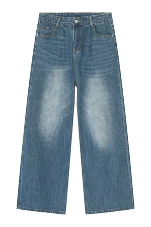 Oversized denim palazzo jeans in French Blue with subtle wash and wide leg.