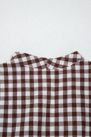 Gingham zip-front midi dress in taupe cotton with a pointed collar.