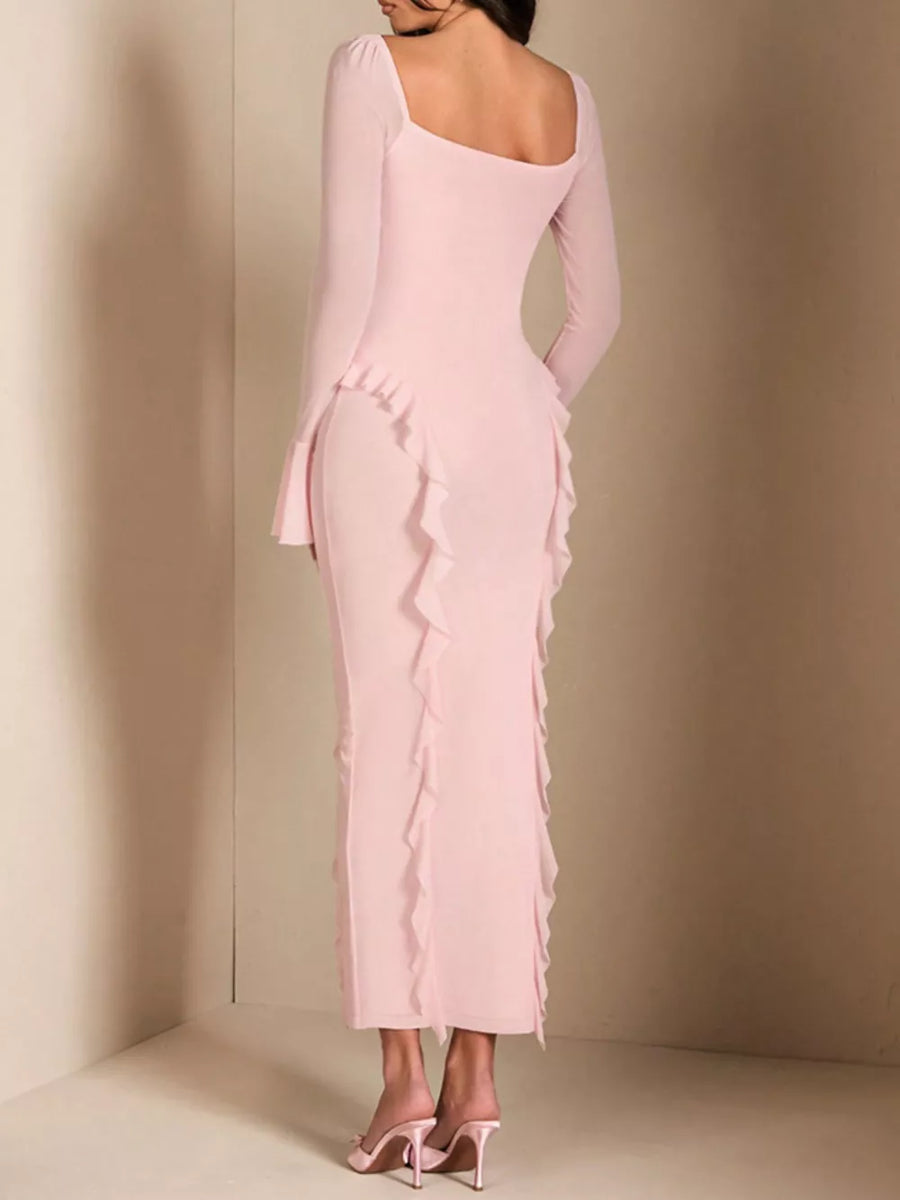 Pink long sleeve square neck midi dress with ruffled detailing.