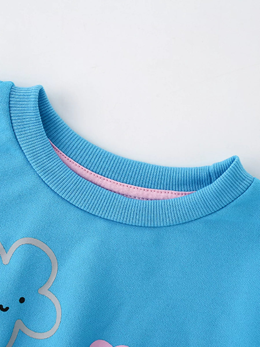 Sky blue cotton sweatshirt with floral print and pink lining detail.