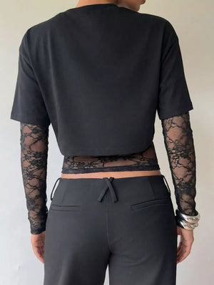 Lace Patchwork Short Sleeve T-shirt in Black