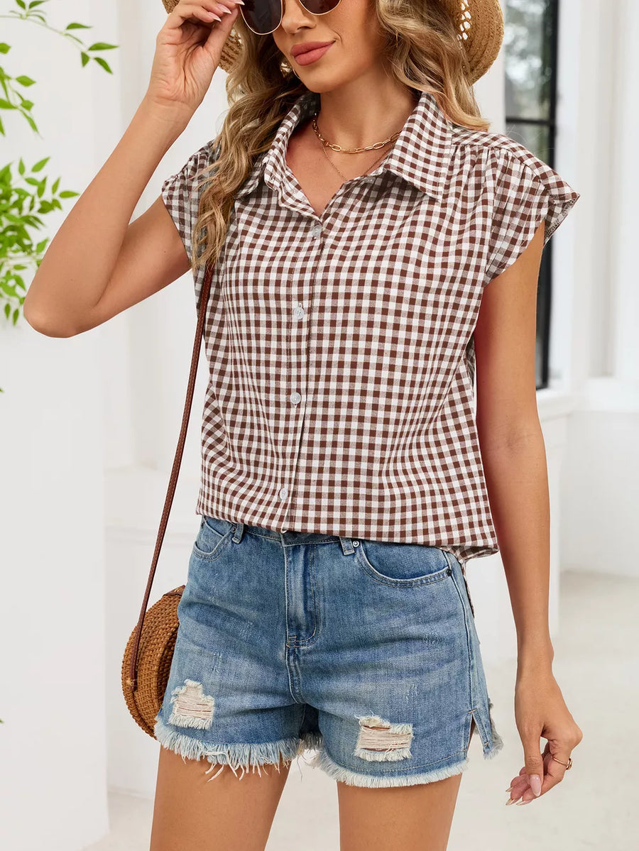 Plaid Button Up Cap Sleeve Shirt in Blue, view 21