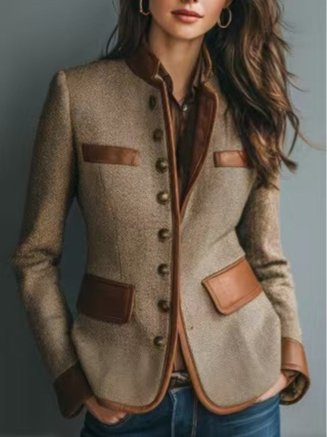 light brown blazer with tweed and mandarin collar