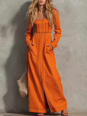 maxi dress in orange featuring contrast stitching and A-line fit