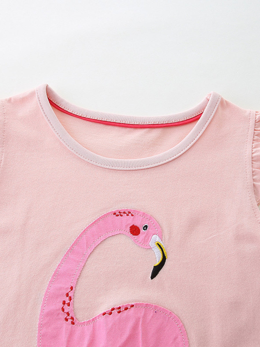 Pink cotton baby dress with flamingo appliqué and ruffled sleeves.