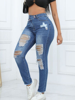 jeans in Dark Blue with distressed and full-length