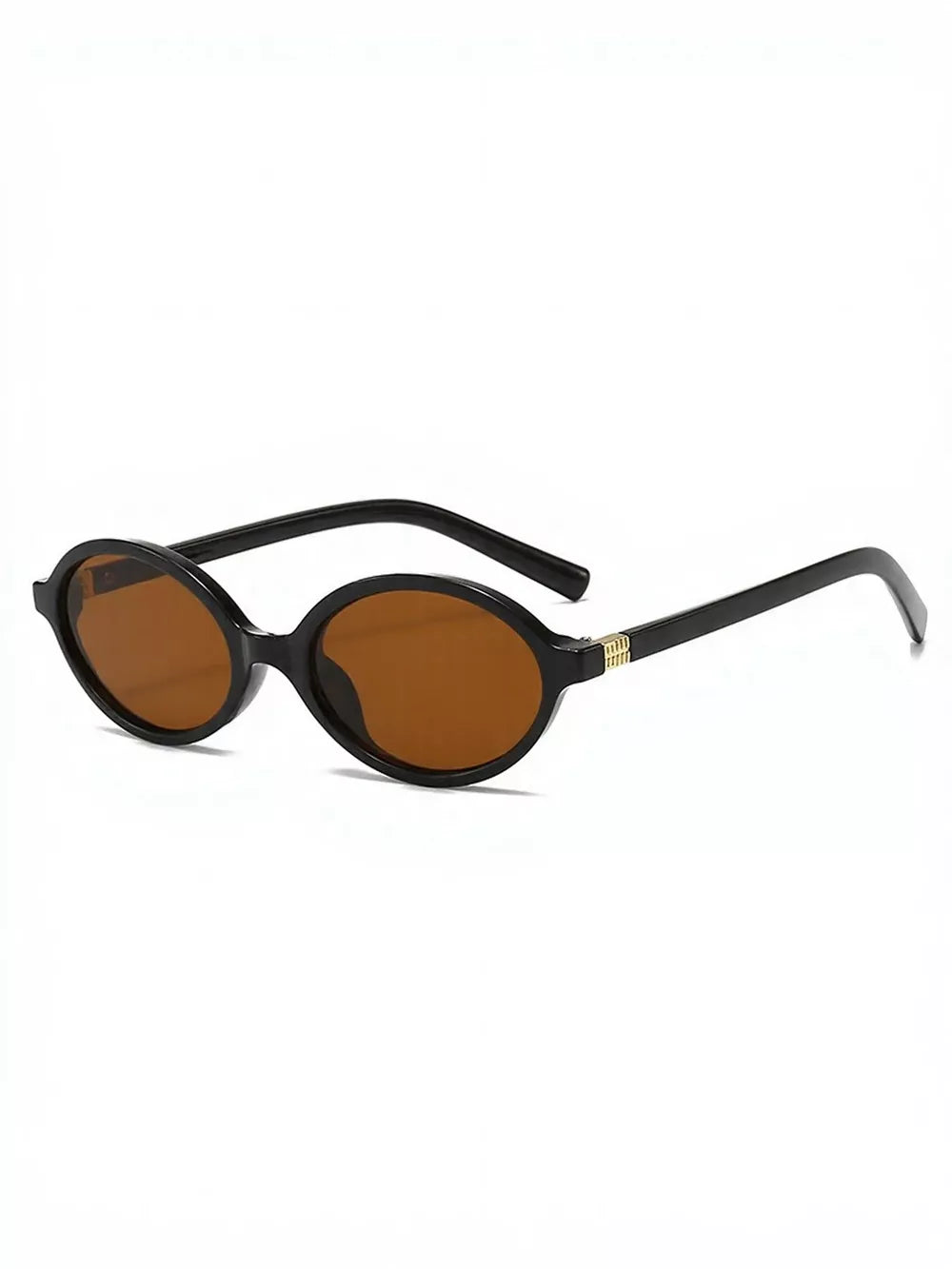 Vintage-inspired oval sunglasses with black frames and brown lenses, featuring gold detail on the temples.