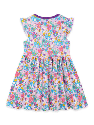 Baby girls' lavender cotton dress with colorful heart and butterfly print, flutter sleeves.