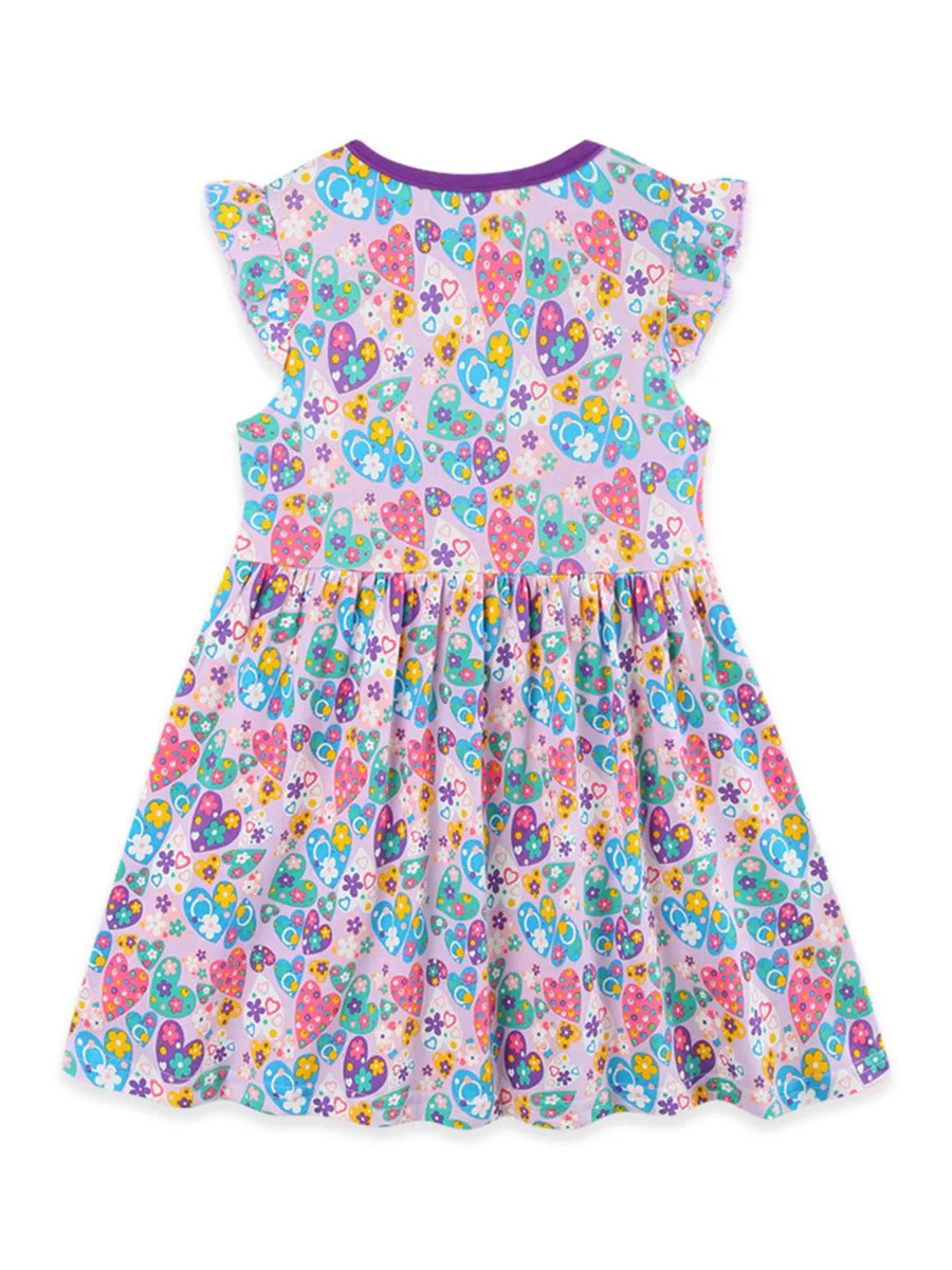Baby girls' lavender cotton dress with colorful heart and butterfly print, flutter sleeves.