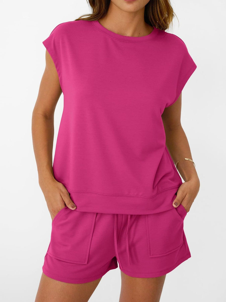 Round neck cap sleeve loungewear set in Rose Red with drawstring shorts and pockets.