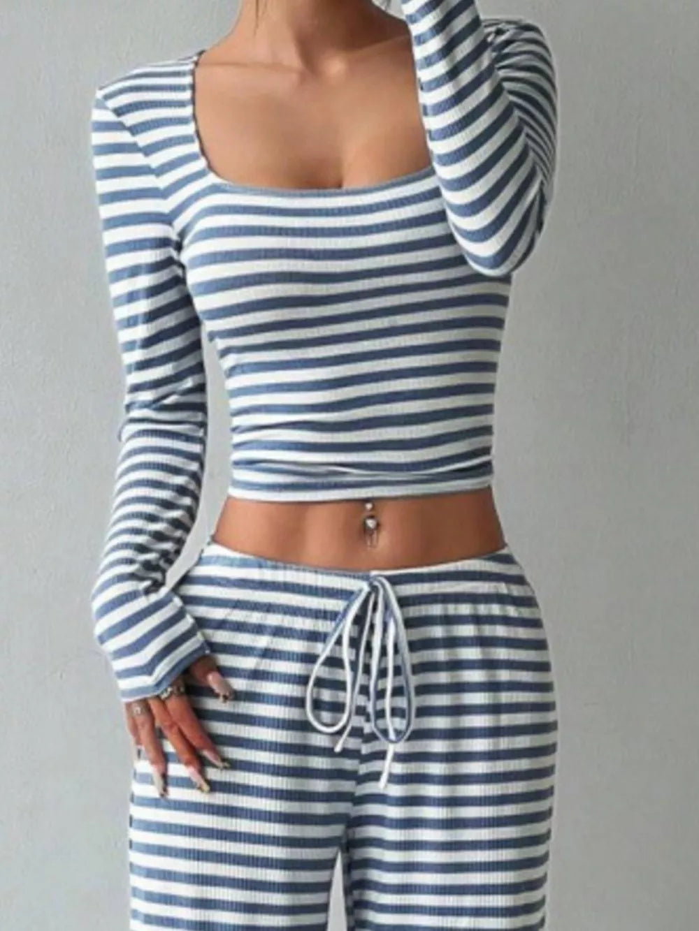 Sky blue and white striped crop top with square neck and wide-leg pants with drawstring waist.