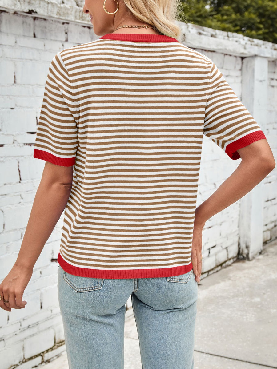 Striped knit tee with red trim and collar, short sleeves, casual fit.