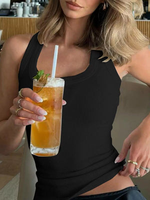 Black ribbed square neck tank top with a cropped fit.