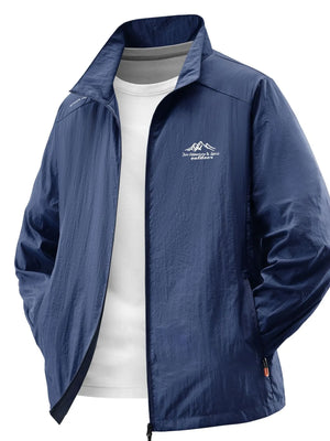 Dark Blue lightweight windbreaker jacket with mountain logo on chest