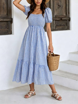 sky blue midi dress with gingham and square neck
