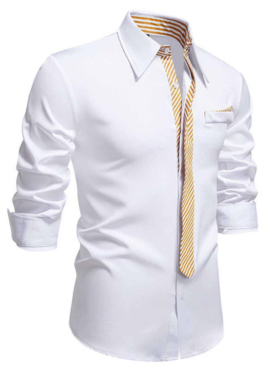 Men's white button-up shirt with striped detail and pocket