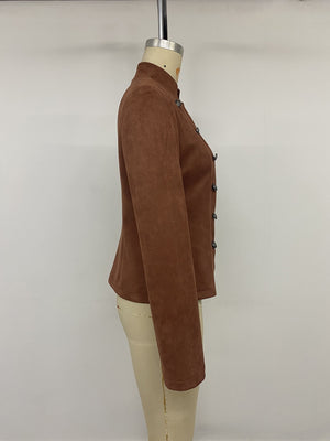 Vintage Stand Collar Cropped Jacket in cognac with decorative buttons
