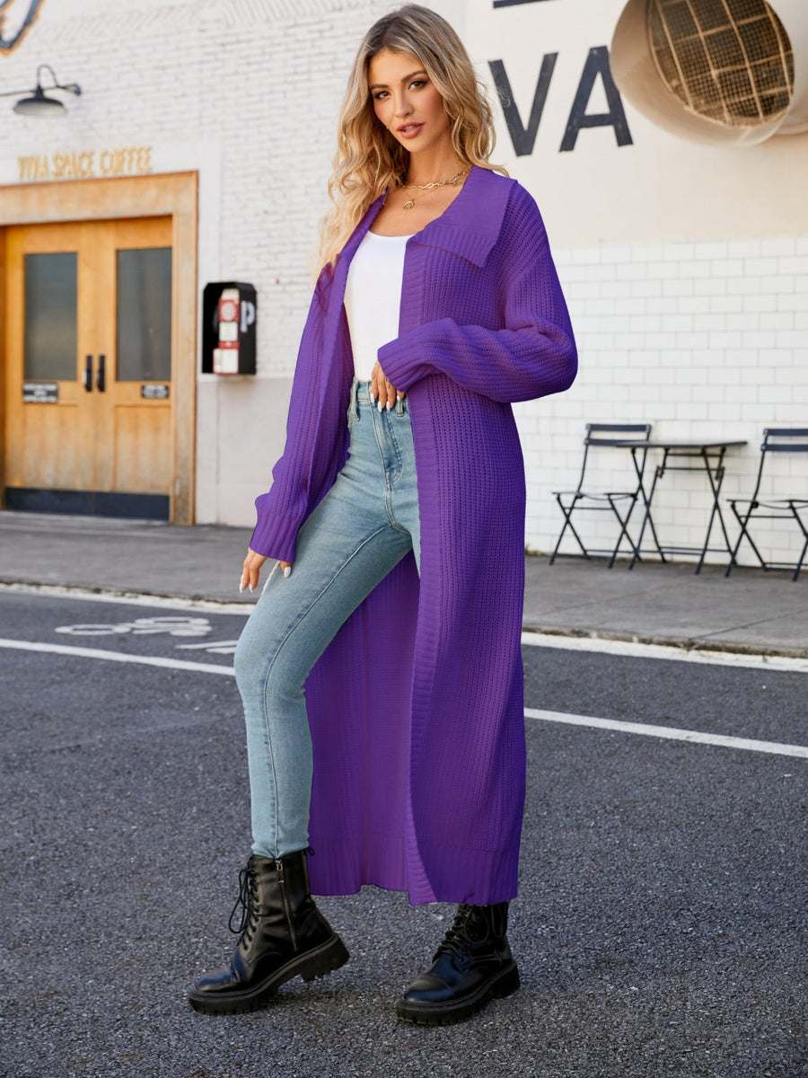 Longline knit collar cardigan in Violet, featuring a relaxed fit and open front.