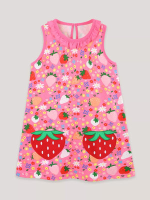 Pink cotton toddler dress with strawberry and floral print, ruffled neckline, and applique strawberries.