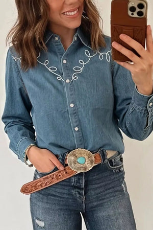 Embroidered Western Denim Top in Dusty Blue