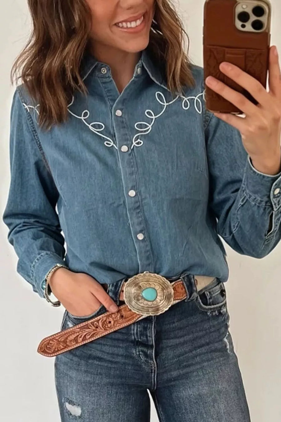 Embroidered Western Denim Top in Dusty Blue