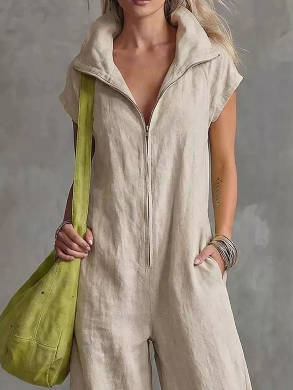 Full Zip Sleeveless Jumpsuit Plus Size in Apricot with pocketed