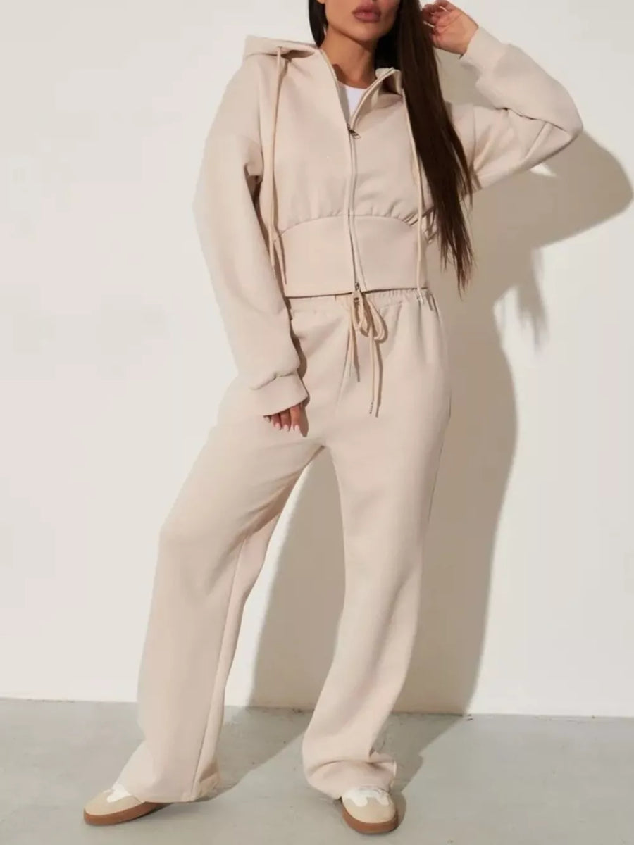 Apricot Zip-up Hoodie And Wide-leg Pants Set