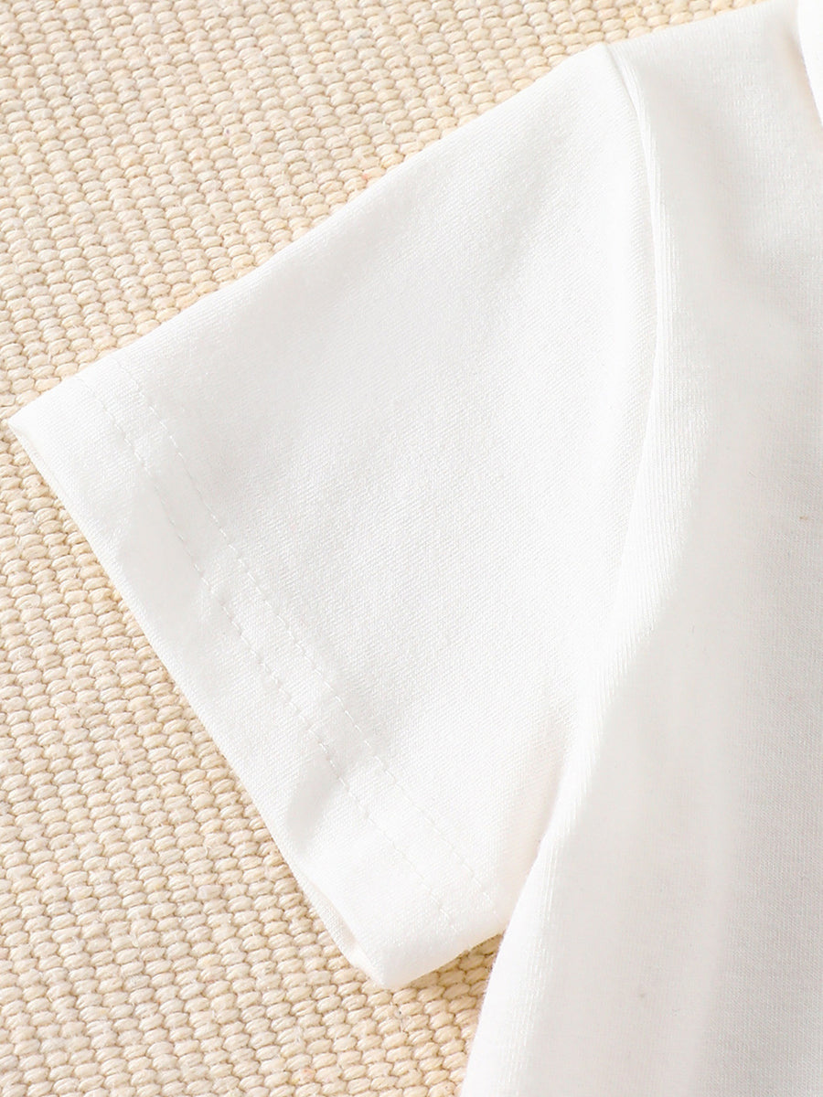 White cotton baby outfit set, short sleeve detail