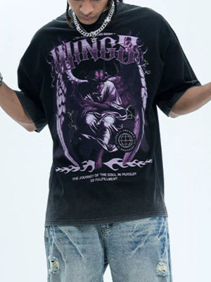 Oversized black graphic tee with angel print and text.