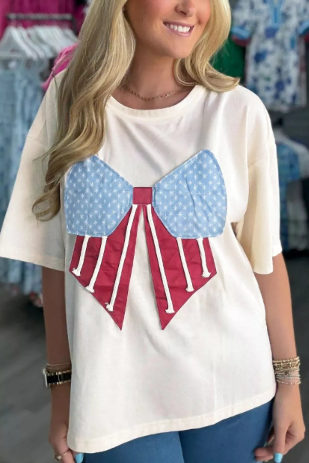 Cream Loose Knit Vintage Flag Bow T-shirt