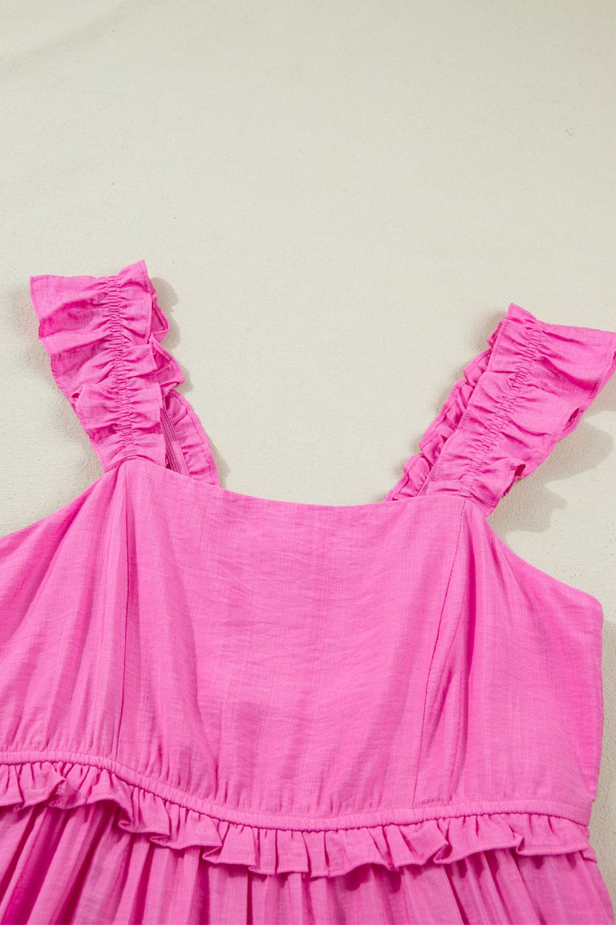 Pink ruffled sleeveless maxi dress with smocked waist and square neckline