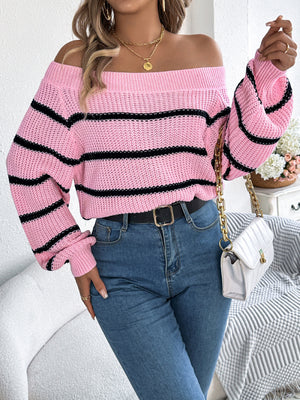 casual pullover sweater in light pink with off-shoulder