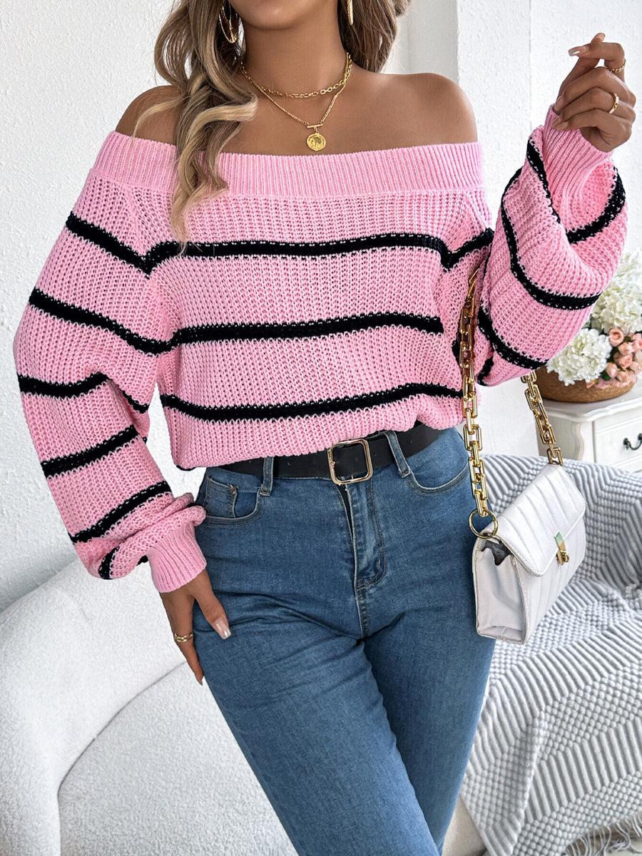 casual pullover sweater in light pink with off-shoulder