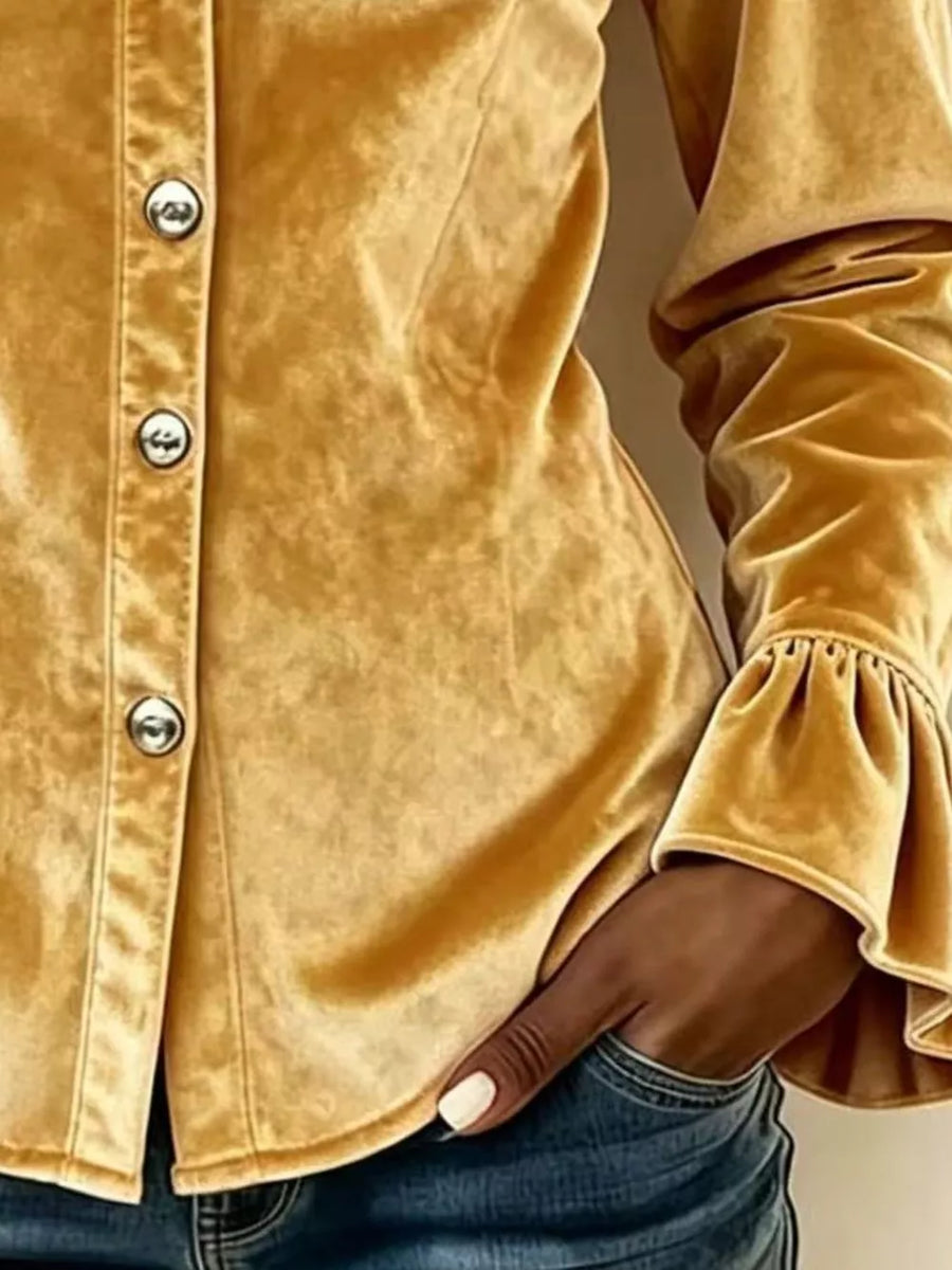 100% polyester Care instructions: Machine wash cold button-up shirt in Gold with fitted silhouette