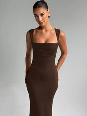 Brown bodycon maxi dress with square neckline and thick straps