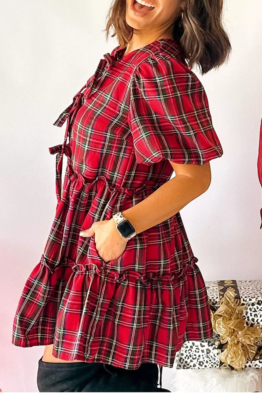 Burgundy with Plaid Knot Neck Short Sleeve Mini Dress