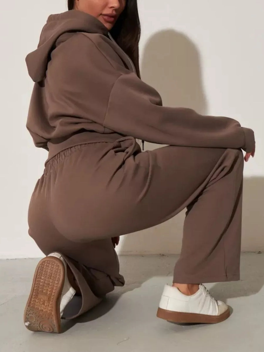 Apricot with Zip-up Hoodie And Wide-leg Pants Set in Apricot