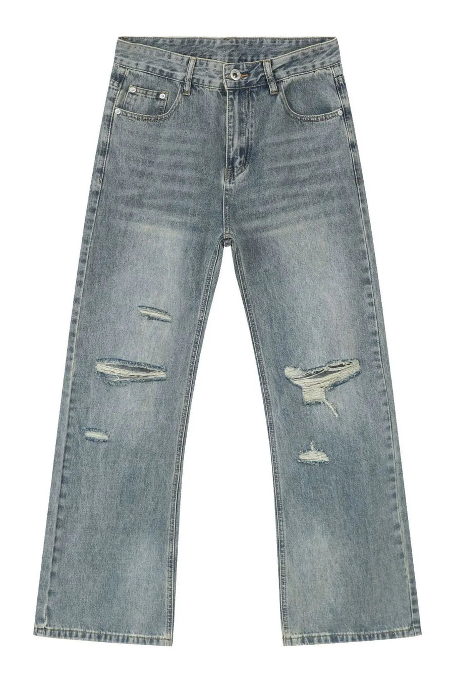 Distressed flare jeans in medium wash denim with raw-cut knee details.
